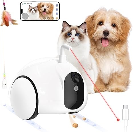 Pet Camera Treat Dispenser, Moving Pet Robot with Phone App, Cat Camera with Interactive Pointer Toy, Night Vision, Two-Way Audio (2.4G Wi-Fi only)